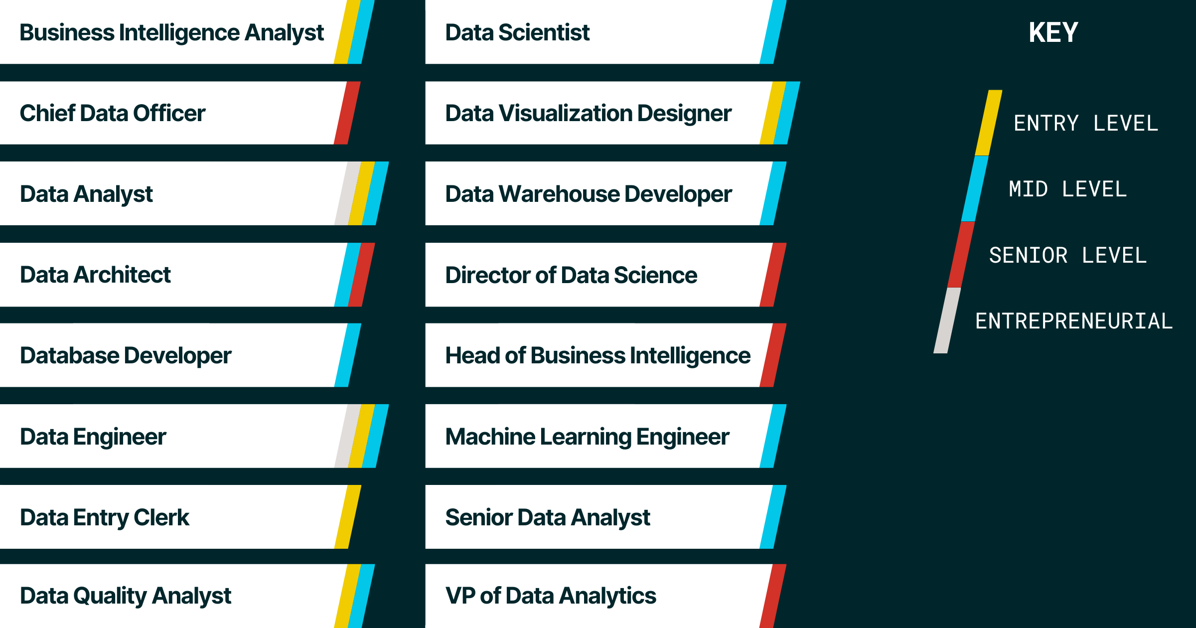 An infographic shows Data-related job descriptions and career levels. 